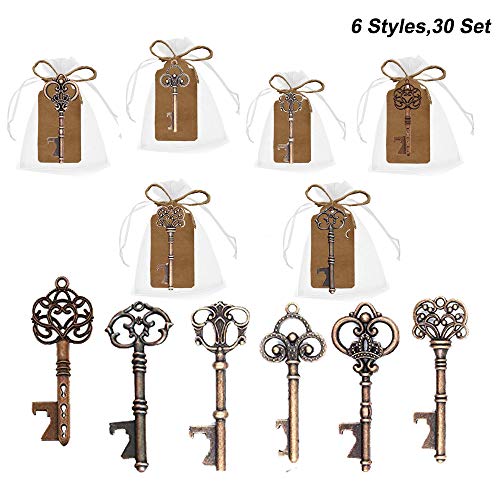 Amajoy 30 Sets (6 estilos) Abridores de llaves de esqueleto surtidos vintage con bolso Sheer White Bag para decorar regalos de cumpleaños antiguos, cobre
