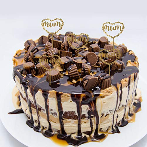 Amosfun 5 UNIDS Mum Torta Toppers Día de la Madre Guirnalda Pastel Frutas Selecciones Postre Mesa Suministros Decorativos (Dorado)
