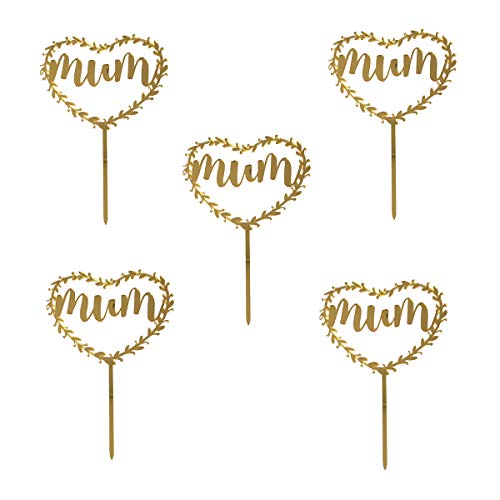 Amosfun 5 UNIDS Mum Torta Toppers Día de la Madre Guirnalda Pastel Frutas Selecciones Postre Mesa Suministros Decorativos (Dorado)