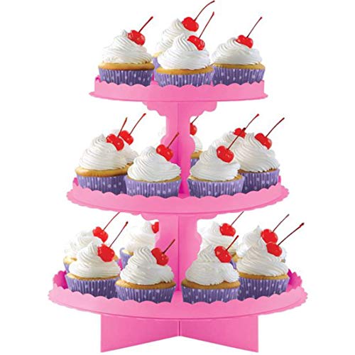 amscan Bright Pink 3 Level Treat Stands 29cm-1 PC Soporte decorativo para magdalenas de cartón rosa brillante de 3 niveles, Papel