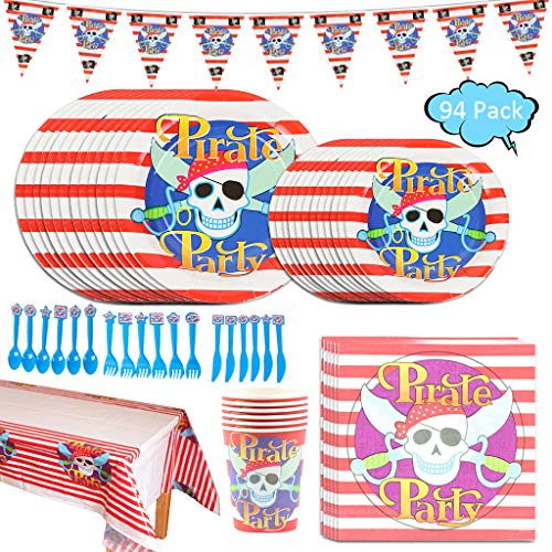 Amycute 12 Invitados Set Vajillas Pirata Infantil Cumpleaños, Platos de Pirata Rayas Rojas y Blancas, Vasos, Cubiertos para Pirata Party