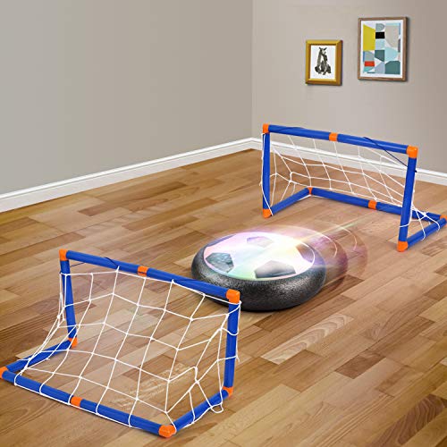 amzdeal Air Football Kit Juguete Balón de Fútbol（1 x Air Hover Ball+1 Mini Soccer +1 Goal de Fútbol +1 Aguja de Gas） Aire Fútbol para Actividades Interiores o Exteriores con Luz LED y música (2 Goal)