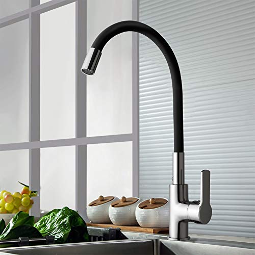 Amzdeal Grifo de Cocina, Grifo para Fregadero de la manguera de goma, Giratorio de 360°y Frío y Calor disponibles, Latón Grifo Cocina sin Plomo, Negro