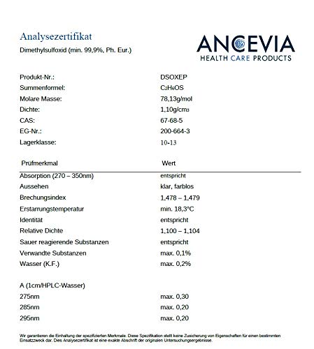 ANCEVIA® - DMSO 100 ml - 99.9% Pureza Ph. Eur. - Dimetilsulfóxido – pureza farmacéutica - en botella de vidrio ámbar