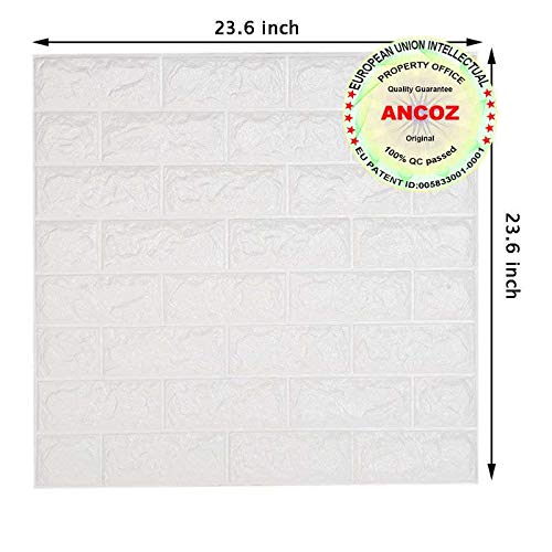 ANCOZ 3D Papel Pintado ladrillo Blanco,Pegatinas de Pared de ladrillo de imitación, DIY Etiqueta engomada de la Pared Adhesivo Decorativo a Prueba de Agua Wallpaper Pared de la Pared 60x60 cm (1 PCS)