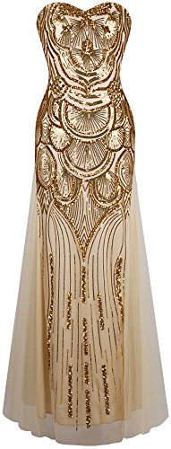 Angel-fashions – Vestido de mujer de lentejuelas, sin tirantes, de malla Gatsby, vestido de boda y banquetes dorado S