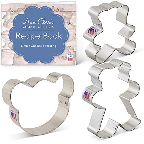 Ann Clark Cookie Cutters Juego de cortadores de galletas osito de peluche con libro de recetas - 3 piezas - Cara de oso y ositos de peluche - Ann Clark - Acero fabricado en EE. UU.