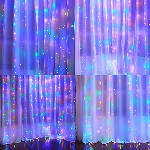 Anpro Luz Cadena Luz de Cortina USB, 4 Colores con 320 Bombillas LED, 8 Modos,3.2m X 3 m,Luz Cortina para Fiestas,Navidad,Año nuevo