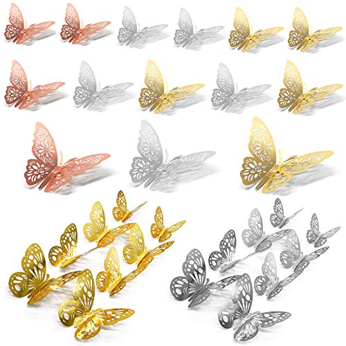 Anyasen 60 piezas Mariposa Decorativas 3D Pegatina de Pared de Adhesivos Paredes Decoración de Mariposas de Papel Pegatinas de Pared Adornos Pared Decoración para Hogar Decoracion, Oro/Plata/Oro Rosa