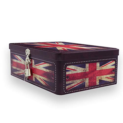 Aoneky Caja de Almacenaje con Tapa y Candado Llave - Caja Decorativa de Almacenaje de Metal Hojalata, Caja Metálica con Dibujo de Bandera del Reino Unido, Decoración de Hogar Casa, Estilo Retro