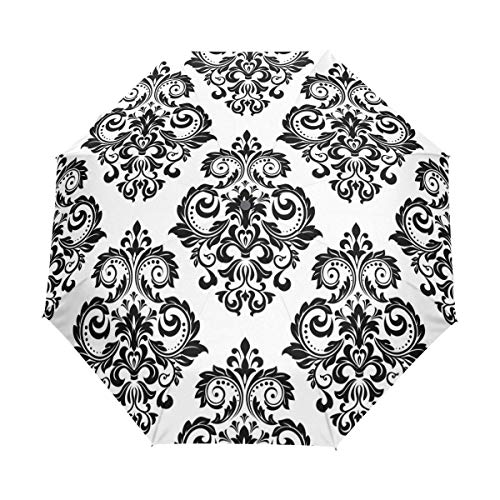 AOTISO Blanco y Negro Damasco Flor Floral 3 Pliegues Auto Abrir y Cerrar Paraguas