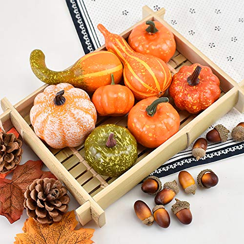 Aoweika - Decoración de otoño para Halloween, diseño de calabazas artificiales y calabazas, hojas de arce, conos de pino, bellotas falsas pequeñas calabazas, decoración de otoño