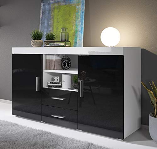 Aparador Moderno Modelo Roque Blanco Negro de melamina Brillo Ancho 140cm Alto 80cm Profundo 40cm