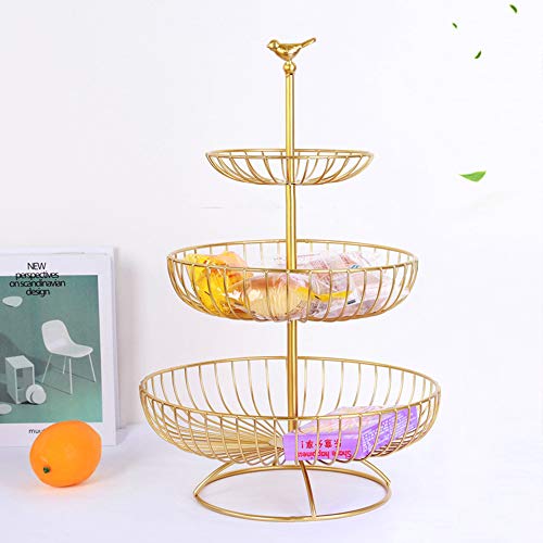 Apark Frutero de 3 pisos, Desmontable Metal Cesta Fruta, para Conservan Frutas, Verduras, Bocadillos o Pan, Tamaño de la Cesta de Frutas: 16.5CM, 24.5CM, 30CM, Altura: 47CM (Dorado)