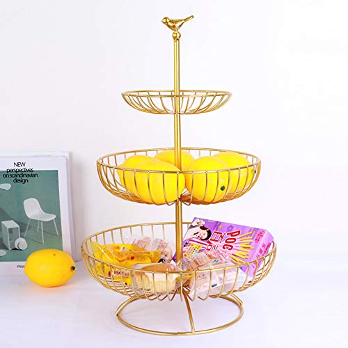 Apark Frutero de 3 pisos, Desmontable Metal Cesta Fruta, para Conservan Frutas, Verduras, Bocadillos o Pan, Tamaño de la Cesta de Frutas: 16.5CM, 24.5CM, 30CM, Altura: 47CM (Dorado)