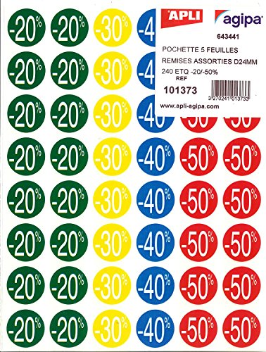 Apli 101373 Etiquetas de Descuentos forma Circular Adhesivo Permanente, 101373 x 24 mm x 5H