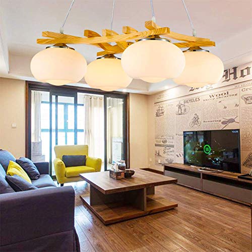 Araña de cristal moderna 4 luces, LED E27 Luz colgante para cocina Pasillo Decoración de madera maciza Colgante Amarillo claro 58 * 48cm