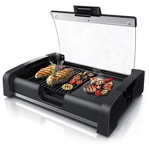 arendo - Barbacoa de Mesa Barbacoa eléctrica Gourmet- 1650 W - Cubierta de Cristal - para Balcones Jardines Interiores - Revestimiento Antiadherente - Regulación de Temperatura con 5 Niveles