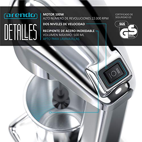 arendo – Batidora eléctrica - Mezclador de Bebidas - Recipiente de 500 ml | 100 W, 22.000 RPM, 2 Niveles de Velocidad – Prepara Bebidas de proteínas, Batidos y cócteles