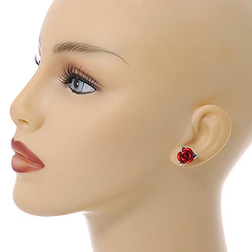 Aretes pequeños románticos de rosa roja en tono plateado - 13mm D