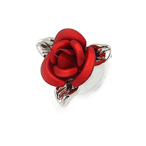 Aretes pequeños románticos de rosa roja en tono plateado - 13mm D