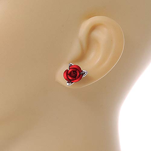 Aretes pequeños románticos de rosa roja en tono plateado - 13mm D