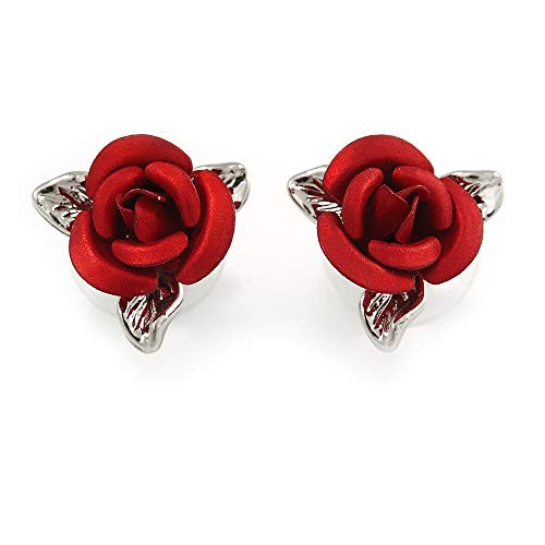 Aretes pequeños románticos de rosa roja en tono plateado - 13mm D