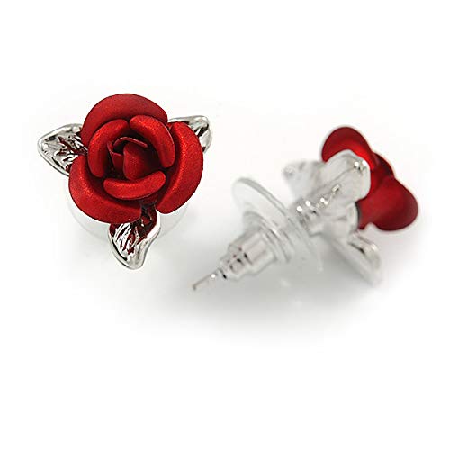 Aretes pequeños románticos de rosa roja en tono plateado - 13mm D