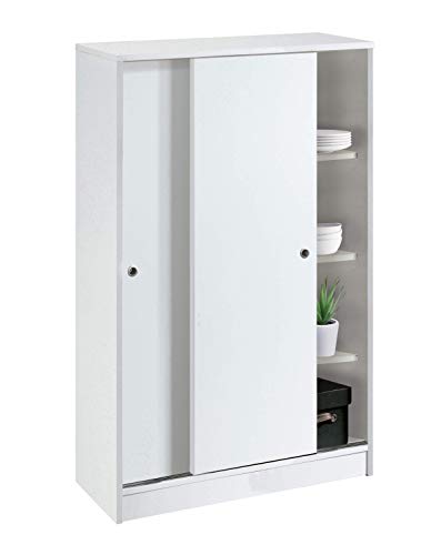 Armario Auxiliar Zapatero Multiusos Blanco Brillo de 2 Puertas correderas, estantes Regulables para Oficina, despensa, Cocina. 120cm Alto x 74cm Ancho x 33cm Fondo