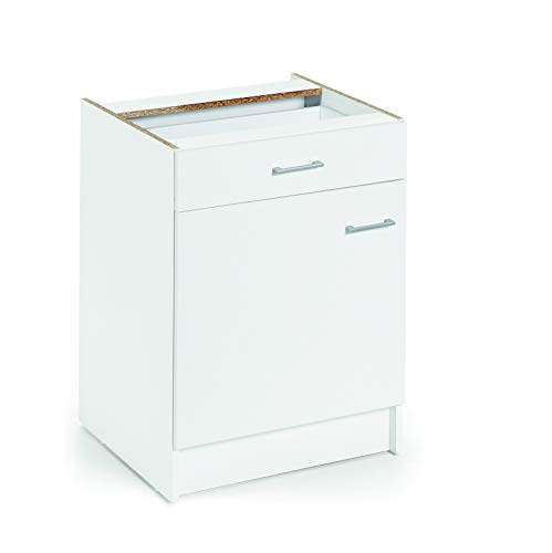 Armario bajo de cocina, blanco, de 60cm, con 1 puerta y 1 cajón