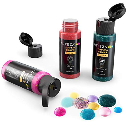 ARTEZA KIDS Pinturas témperas para niños | Caja de 32 botes de 60 ml | Pintura lavable para carteles y manualidades | Para pintar con esponja o con los dedos | Incluye neón, purpurina y fosforescente
