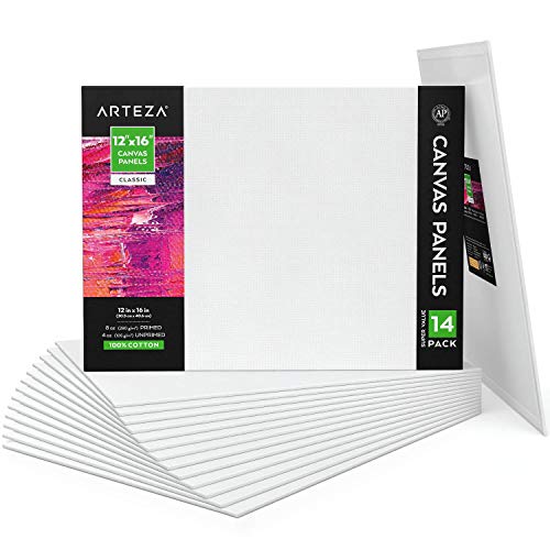 Arteza Paneles de lienzo para pintar cuadros 12x16" (30,5x40,6 cm), pack 14 paneles imprimados sin ácidos, 100% algodón, para acrílica y al óleo, artistas profesionales, aficionados y principiantes