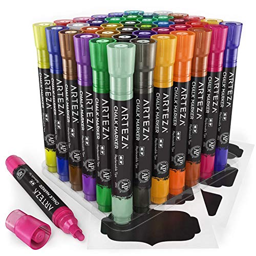 Arteza Rotuladores de tiza líquida | 42 colores a base de agua | Incluye 50 etiquetas de pizarra gratis y puntas reemplazables | Rotuladores tiza para bares y restaurantes, adultos y niños