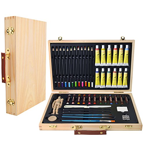 Artina Leonardo - Set de pintura (45 pzas.) - Maletín con colores acrílicos, lápices, Pinceles, Pasteles y maniquí