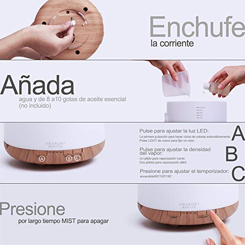 ASAKUKI 500ml Humidificador Ultrasónico Aromaterapia, Difusor de Aceites Esenciales, 7-Color LED, 4 Temporizador, Apagado Automático sin Agua, Humidificador Bebes, Hogar, Oficina, Bebé, Dormitorio