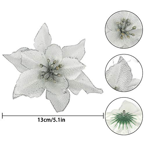 Asdomo - 10 colgantes para árbol de Navidad, 13 cm, flores de colores brillantes con flocado para adornos de Navidad, decoración de bodas, seda sintética, Blanco, 10*13cm