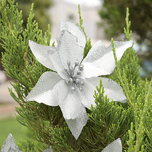 Asdomo - 10 colgantes para árbol de Navidad, 13 cm, flores de colores brillantes con flocado para adornos de Navidad, decoración de bodas, seda sintética, Blanco, 10*13cm