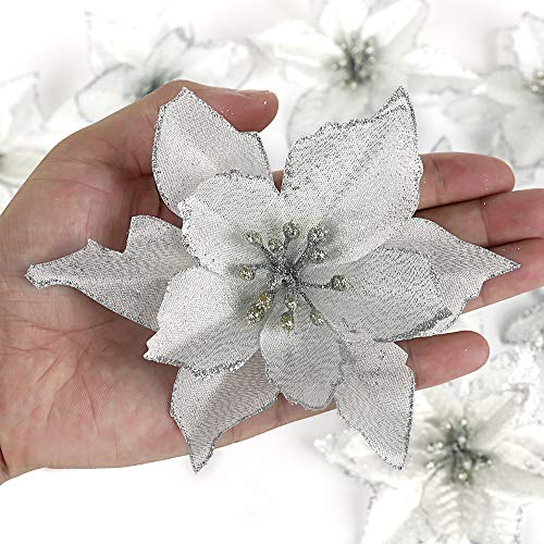 Asdomo - 10 colgantes para árbol de Navidad, 13 cm, flores de colores brillantes con flocado para adornos de Navidad, decoración de bodas, seda sintética, Blanco, 10*13cm
