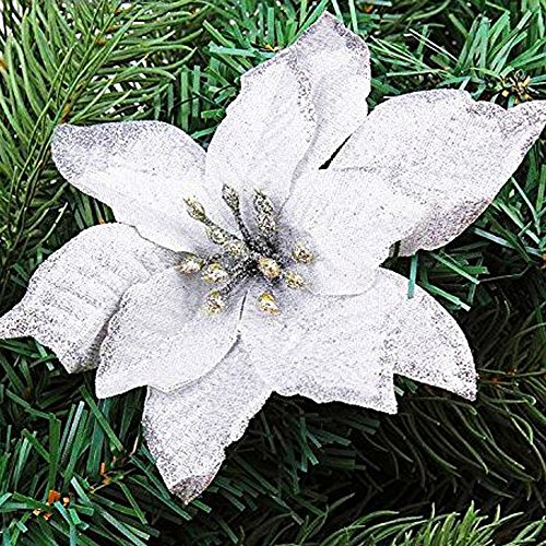 Asdomo - 10 colgantes para árbol de Navidad, 13 cm, flores de colores brillantes con flocado para adornos de Navidad, decoración de bodas, seda sintética, Blanco, 10*13cm