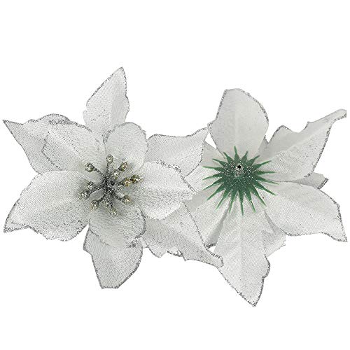 Asdomo - 10 colgantes para árbol de Navidad, 13 cm, flores de colores brillantes con flocado para adornos de Navidad, decoración de bodas, seda sintética, Blanco, 10*13cm