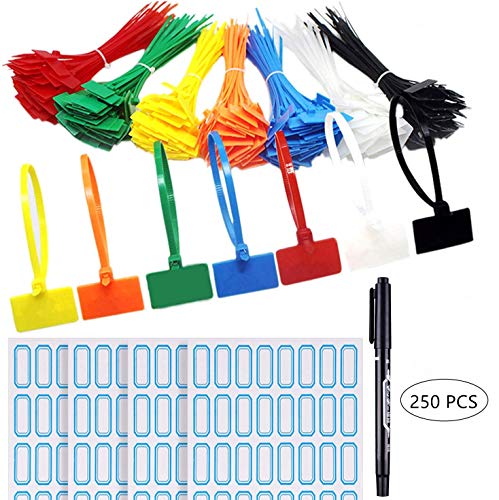 Ataduras de cables,250 paquetes Colores Variados Etiquetas De Cable Autoblocantes Con Rotulador para el taller de Garaje de la Oficina en Casa 3 × 150 MM(7 colores)