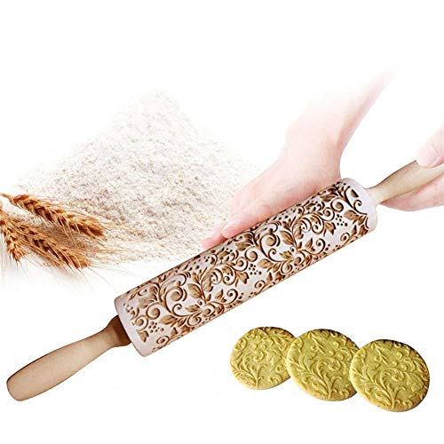 Augproveshak Dibujo Grabado de Palo de amasar Flor, Grabado Palo de amasar para la cocción de Rolling Pin de Madera para niños y Adultos Hacer Cookies