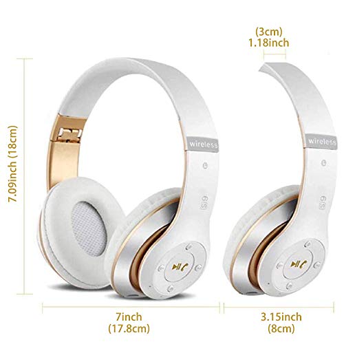 Auriculares Cerrados Inalámbricos 6S, Alta fidelidad Estéreo Auriculares Estéreo Inalámbricos Plegables, Micrófono Incorporado, Micro SD/TF, FM (para iPhone/Samsung/iPad/PC) (Blanco y Oro)