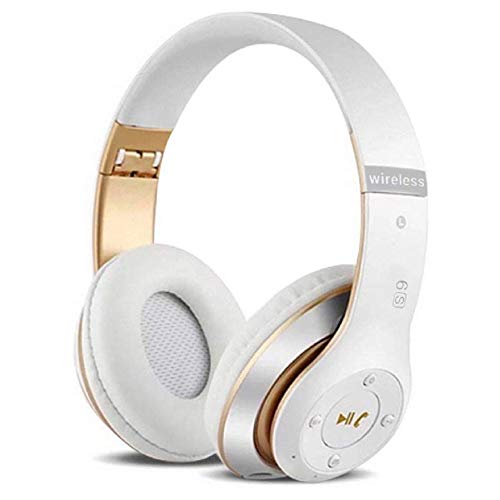 Auriculares Cerrados Inalámbricos 6S, Alta fidelidad Estéreo Auriculares Estéreo Inalámbricos Plegables, Micrófono Incorporado, Micro SD/TF, FM (para iPhone/Samsung/iPad/PC) (Blanco y Oro)