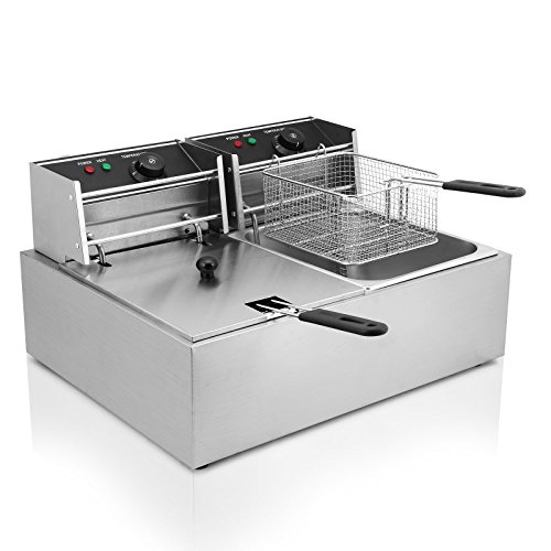 Autocompra Freidora Eléctrica 12L 5000W Freidora Industrial Acero Inoxidable para Patatas Fritas Deep Fryer Commercial ( 6L + 6L Tanque con accesorios )