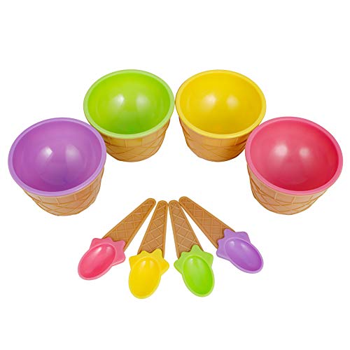 Auxsoul 4 Piezas de Tazones de Helado Tazas de Helado de Plástico con Cucharas Tazones de Helado Copas de Helado de Colores
