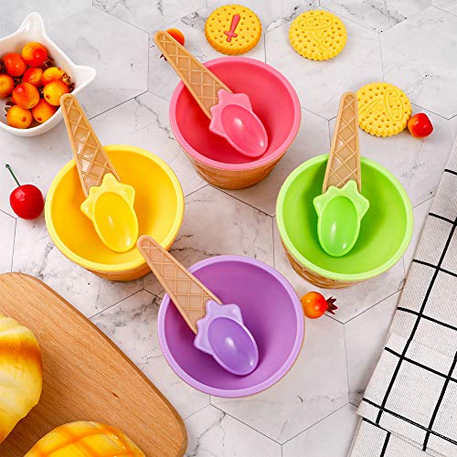 Auxsoul 4 Piezas de Tazones de Helado Tazas de Helado de Plástico con Cucharas Tazones de Helado Copas de Helado de Colores