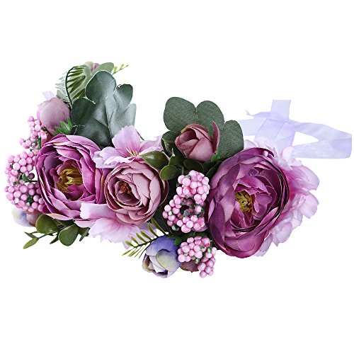 AWAYTR mujeres niñas Boho flor corona diadema floral corona guirnalda (Morado + Rosa)