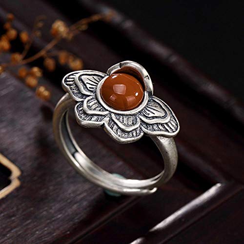 Axiba Esterlina S925 Plata ágata Rojo con Incrustaciones Hembra tío peonía Mate Retro Anillo-Enviar Novia día de San Valentín el Regalo de cumpleaños