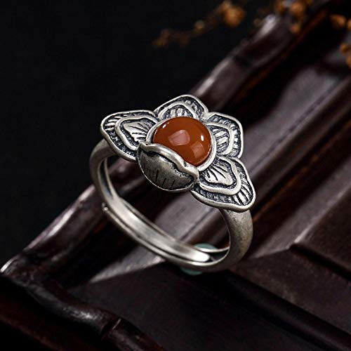 Axiba Esterlina S925 Plata ágata Rojo con Incrustaciones Hembra tío peonía Mate Retro Anillo-Enviar Novia día de San Valentín el Regalo de cumpleaños